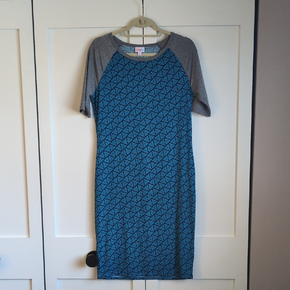 LuLaRoe Julia Blue and Gray Geometric Pattern Midi Dress Size M